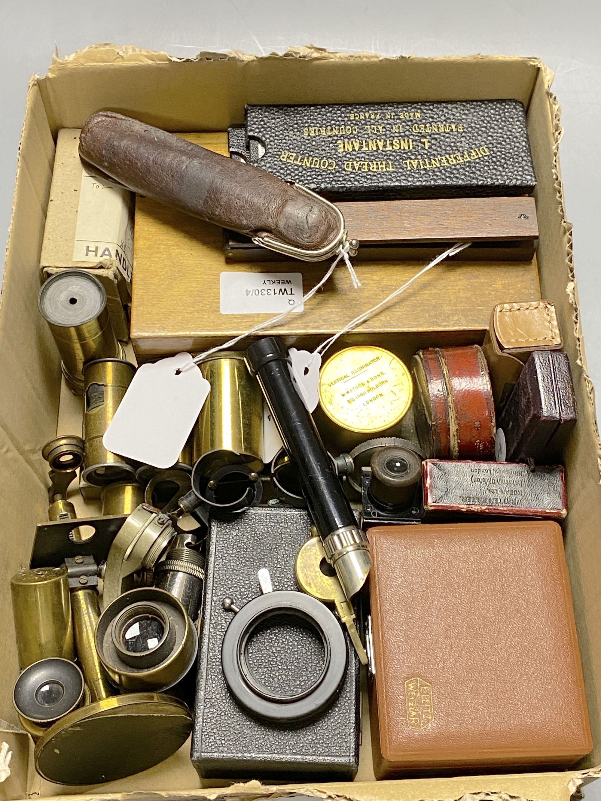 A set of George III brass folding sovereign scales in rosewood case and a collection of microscopy-related items,